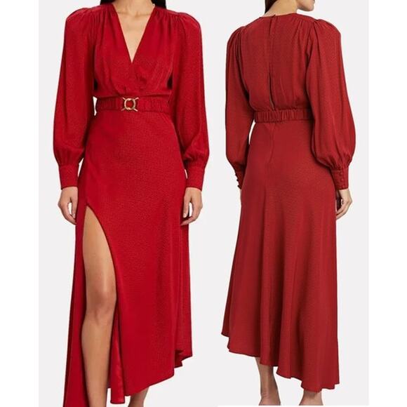 Ronny Kobo Estelle Dot Jacquard Asymmetrical Hem Belted Midi Dress Red Womens XS - Picture 1 of 15